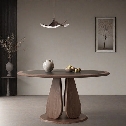 Terra Arc Round Dining Table Japandi Mid Century Modern Design Solid Wood Pedestal Legs