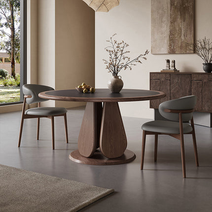 Terra Arc Round Dining Table Japandi Mid Century Modern Design Solid Wood Pedestal Legs