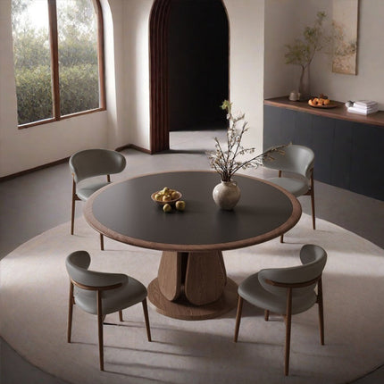 Terra Arc Round Dining Table Japandi Mid Century Modern Design Solid Wood Pedestal Legs