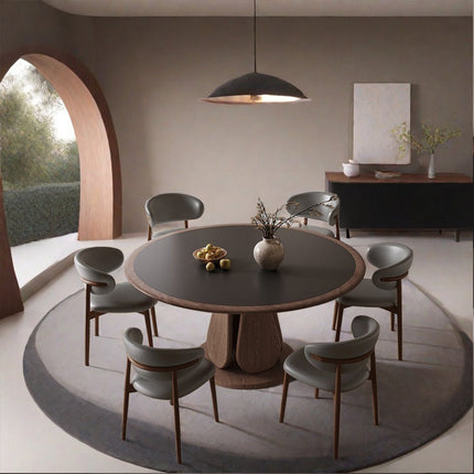 Terra Arc Round Dining Table Japandi Mid Century Modern Design Solid Wood Pedestal Legs