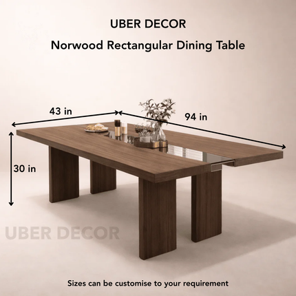 Norwood Rectangular Dining Table Contemporary Mid Century Design Solid Wood Base for Dining Room and Formal Dining Hall