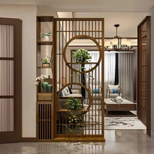 Orvano Solid Wood Multifunctional Partition Divider with Circular Frame Design and Storage Shelves for Living Room & Entry Spaces