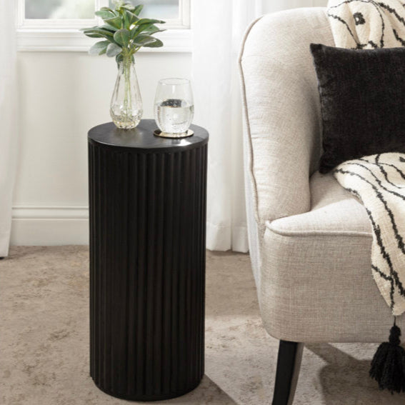 The Varro Column End Table – Custom Fluted Wooden Accent in Mid Century Japandi Scandinavian Style for Living Room, Bedroom, or Lounge - Uber Decor