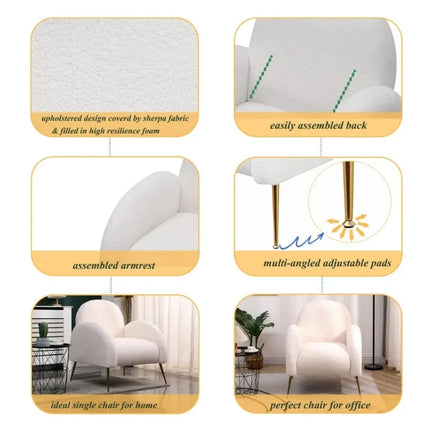 Reysha Cozy Boucle Accent Chair – Curvy White Sherpa Upholstered Single Arm Chair with Golden Legs - Uber Decor