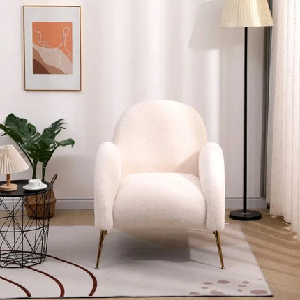 Reysha Cozy Boucle Accent Chair – Curvy White Sherpa Upholstered Single Arm Chair with Golden Legs - Uber Decor