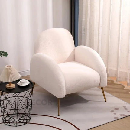 Reysha Cozy Boucle Accent Chair – Curvy White Sherpa Upholstered Single Arm Chair with Golden Legs - Uber Decor