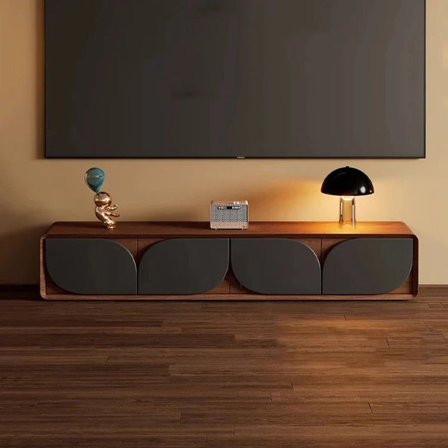 Zayrah Flow – Designer TV Cabinet, Mid Century Modern Console, American Inspired Walnut Finish, Closed Base, Living Room TV Unit Console - Uber Decor