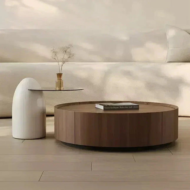 Mekong Natura Round Coffee Table and Penguin 3C Glass Side Table Set Solid Wood Reinforced Glass Elegant Duo for Indoor Living - Uber Decor
