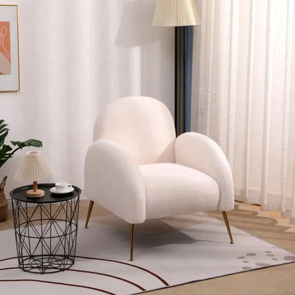 Reysha Cozy Boucle Accent Chair – Curvy White Sherpa Upholstered Single Arm Chair with Golden Legs - Uber Decor