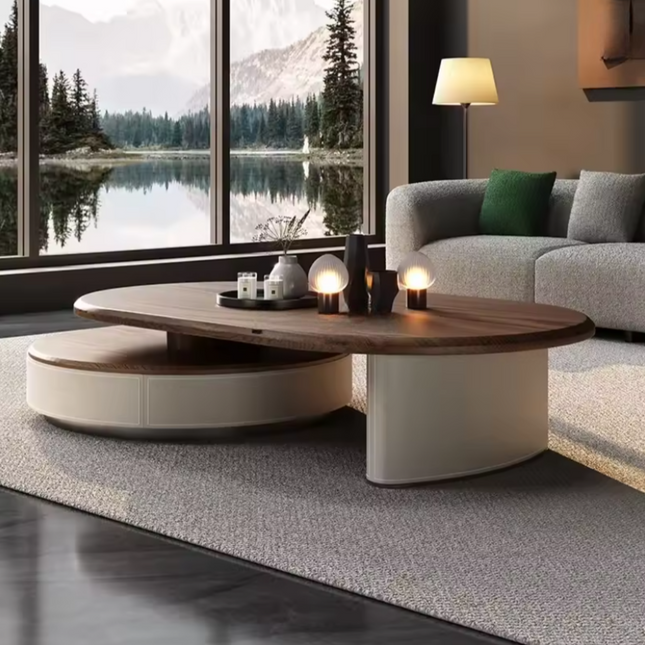 Aldan Dual Layer Mid Century Modern Contemporary Coffee Table with Solid Wood Top Cylindrical Base Matte Finish for Reception Area - Uber Decor