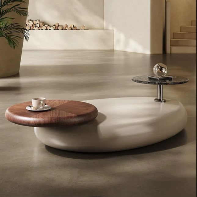 Meuse Modern Sculptural Organic Dual Surface Center Table Wood and Stone Tops for Living Room - Uber Decor