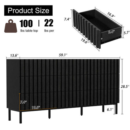 Raven Noir 9-Drawer Contemporary Japandi Black Oak Cabinet with Textured Front & Metal Legs for Living Room, Bedroom, Office & Entryway - Uber Decor