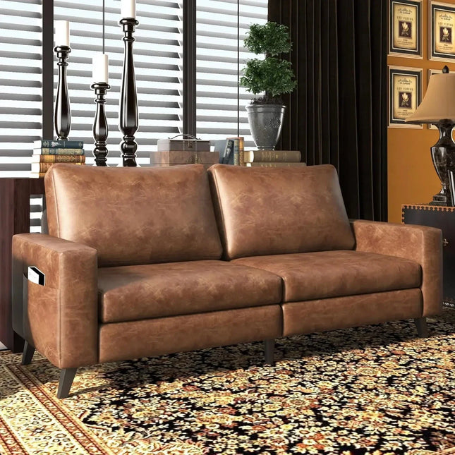 Paris 79" Sofa- Mid Century 2 Seater Leather Small Couch with Side Pockets- For Home or Office - Uber Decor