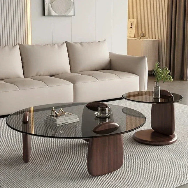Ganges Prism Mid Century Modern Round Glass Coffee Table with Tempered Glass Top and Oak Wood Legs for Home Office and Cafe - Uber Decor