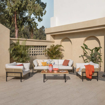 Rattan Riviera Rope Wicker Outdoor Sofa Set, Patio Conversation Garden Lounge Set, Japandi Boho Poolside Terrace Porch Furniture