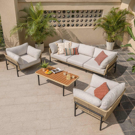 Rattan Riviera Rope Wicker Outdoor Sofa Set, Patio Conversation Garden Lounge Set, Japandi Boho Poolside Terrace Porch Furniture