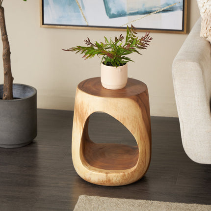 Tapti Solid Wood Side Table with Open Storage Sculptural Organic Modern Accent Table for Living Room & Bedroom - Uber Decor
