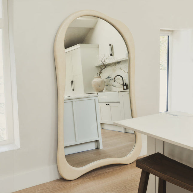 Claribel Wavy Ivory Teak Floor Mirror – Sculptural Full-Length Statement Piece - Uber Decor