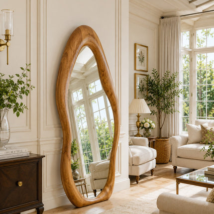 Modern Wavy Edge 6 ft Wooden Standing Mirror – Ready to Ship Natural Teak Finish