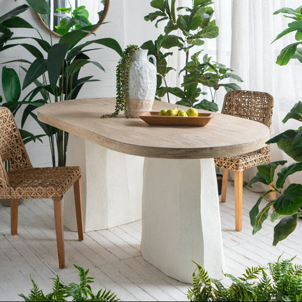 Eden Crest Oval 6 Seater Dining Table Modern Boho Design Natural Wood Top Sculpted Plaster Pedestal Base Ideal for Dining Room - Uber Decor