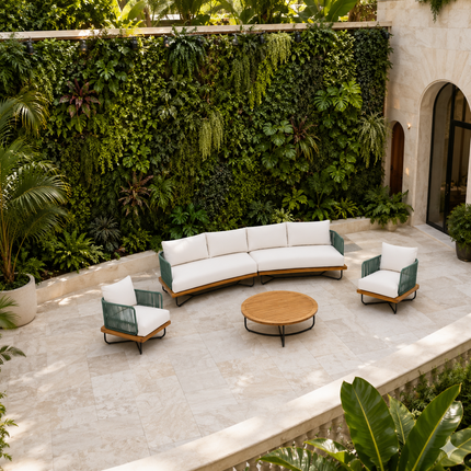 Evergreen Bay Teak Rope Outdoor Sofa Set, Garden Patio Conversation Lounge Set, Scandinavian Boho Terrace Poolside Seating