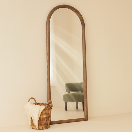 Hazel Arched Teak Wood Floor Mirror – Slim Full-Length Mirror for Bedroom & Entryway - Uber Decor