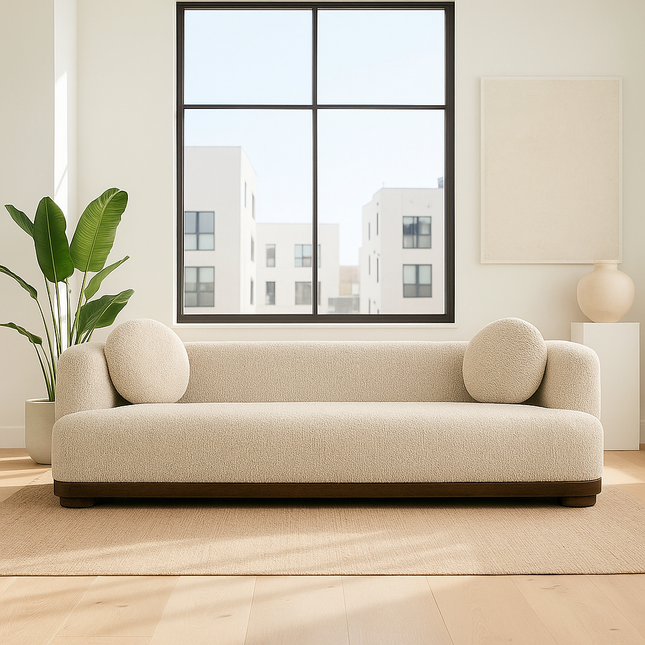 Shiraz 3-Seater Modern Sofa Sculptural Minimalist Couch with Round Accent Cushions