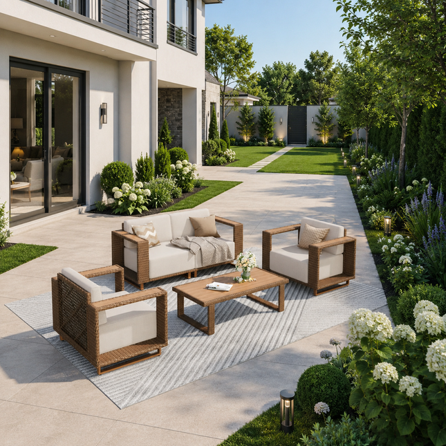 Breezewood Haven Wicker Rattan Outdoor Sofa Set, Patio Conversation Garden Lounge Set, Japandi Boho Poolside Terrace Porch Sofa