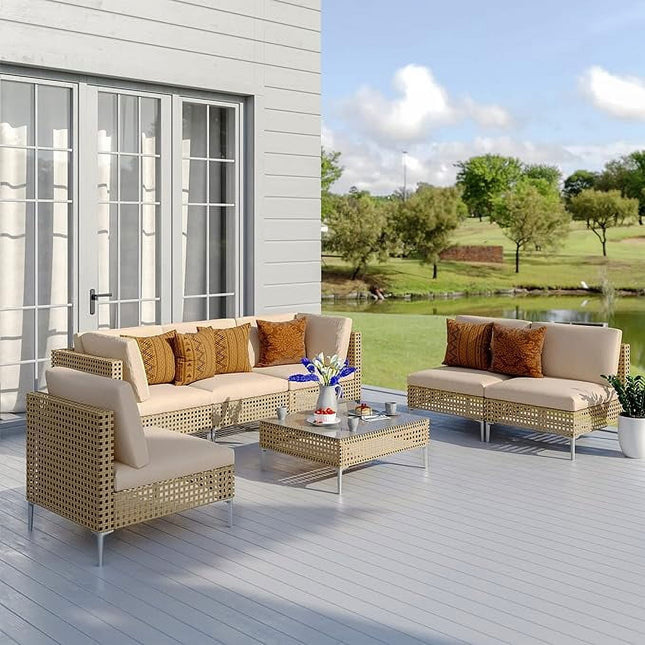 Sunvale Retreat PE Rattan Wicker Sectional Outdoor Sofa Set, Patio Conversation Garden Lounge Set for Poolside Terrace Porch
