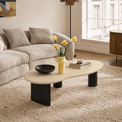 Tangon Wabi-Sabi Mid-Century Japandi Coffee Table – Organic Freeform Wooden Top Block Legs for Living Room