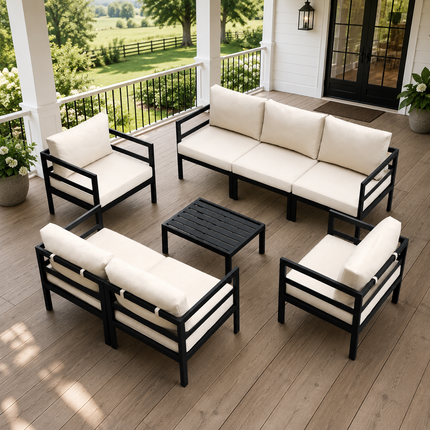 Deckaro Contemporary Outdoor Sofa & Chair Set with Slatted Coffee Table for Deck, Patio & Courtyard | Uber Decor