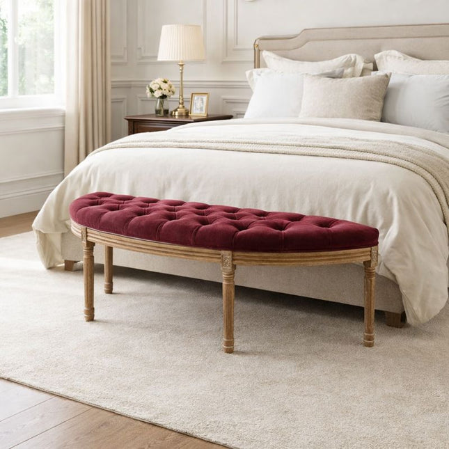 Bellevue Curve – Vintage French Half-Moon Tufted Bench | Elegant End-of-Bed or Entryway Accent for Classic and Contemporary Interiors