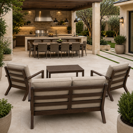Breevara Sofa & Chair Set with Slatted Coffee Table   Modern Outdoor Seating for Decks, Balconies & Courtyard Patios