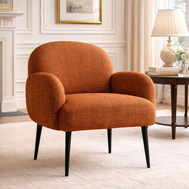 Mirena Modern Wide Base Upholstered Armchair with Curved Back, Armrests and Metal Legs