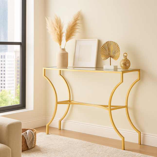 Aurion Display Table – Elegant Glass Top with Sculptural Gold Metal Base for Hallways, Entryways & Living Rooms - Uber Decor