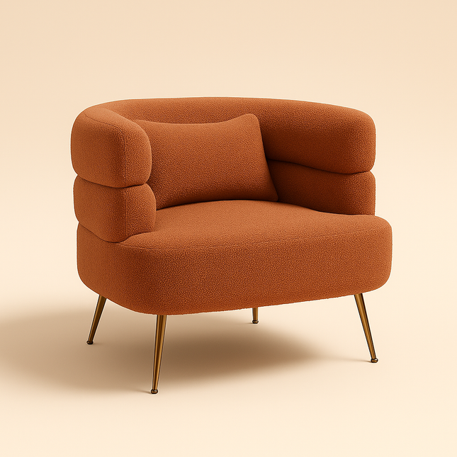 Fayra- Wide Base Vintage Boucle Arm Accent Chair With Lumbar Pillow And Metal Legs - Uber Decor