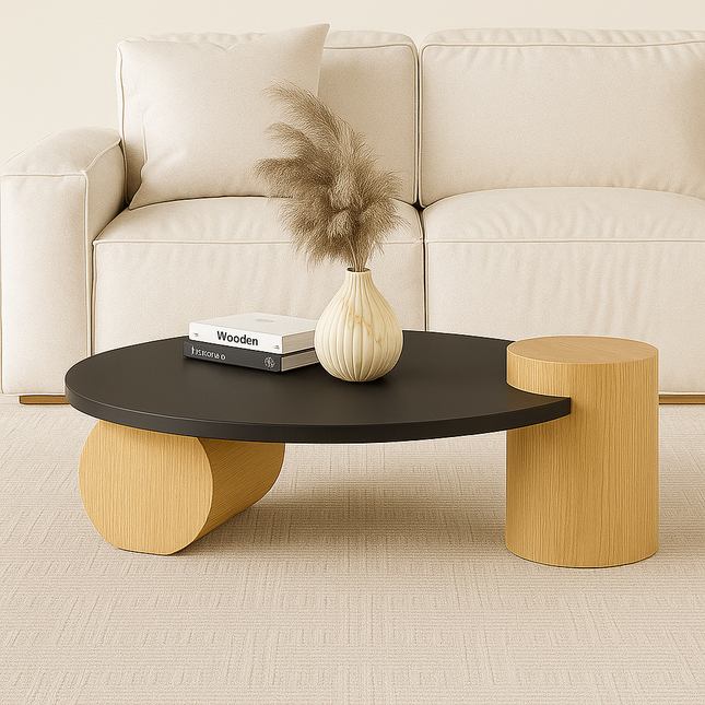 Chenab River Mid Century Modern Minimalist Wooden Round Center Table for Living Room - Uber Decor