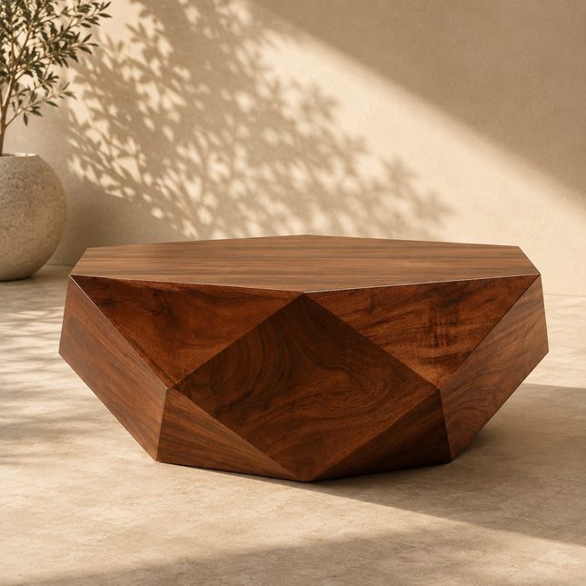 Liffey Wabi-Sabi Modern Japandi Coffee Table – Sculptural Geometric Polygonal Wooden Center Table for Living Room