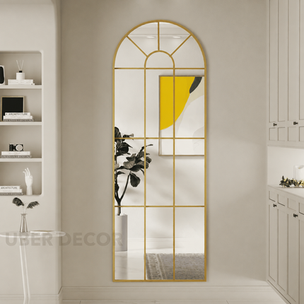 Old World Charm 7 ft Arched Wall Mirror – Ready to Ship Metal Window Mirror with Golden Frame