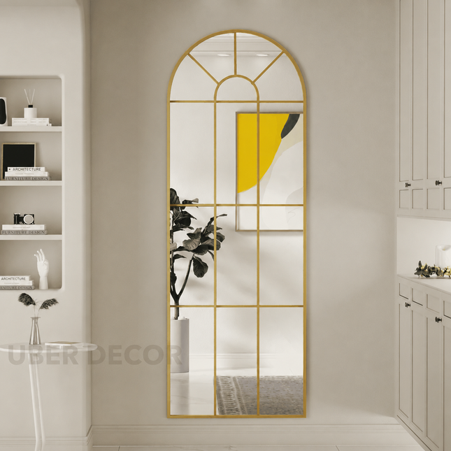 Old World Charm 7 ft Arched Wall Mirror – Ready to Ship Metal Window Mirror with Golden Frame