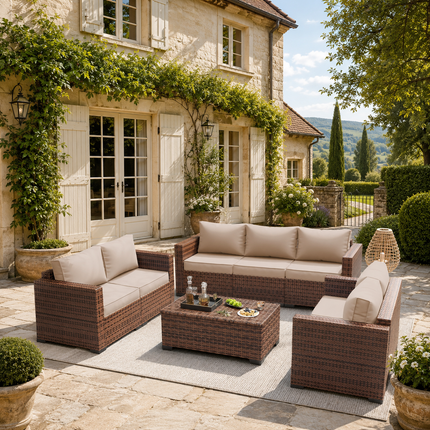 Palm Vista Wicker Rattan-Look Outdoor Sofa Set, Japandi Patio Conversation Set for Garden, Terrace, Porch, Rooftop & Poolside
