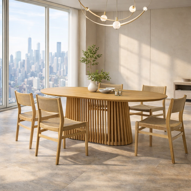 Kael Dining Table Japandi Scandinavian Design with Slatted Wooden Pedestal Base and Oval Top for Dining Room
