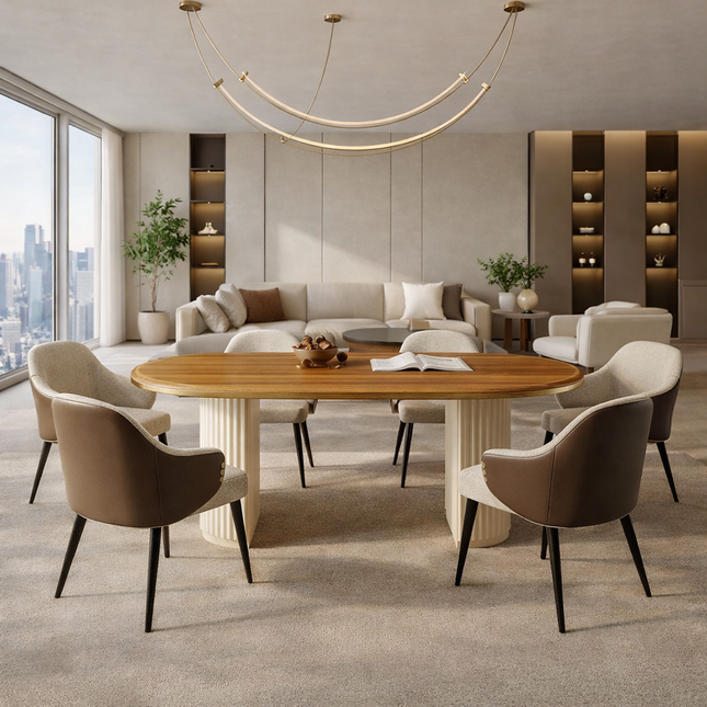 Oakridge Oval Dining Table Scandinavian Japandi Mid Century Modern Design Wooden Top Fluted Pedestal Base Dining Table for Dining Room