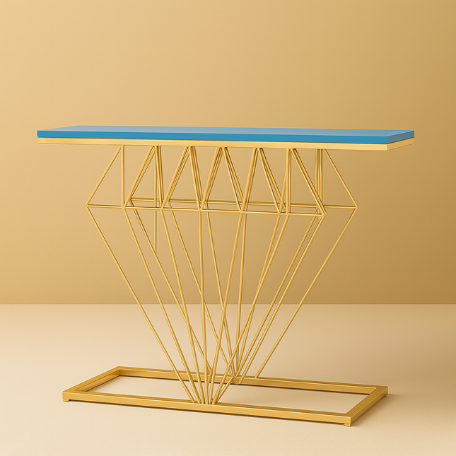 Auric Prism Display Table – Customizable Wooden Top with Sculptural Gold Geometric Base for Entryway & Hallway - Uber Decor