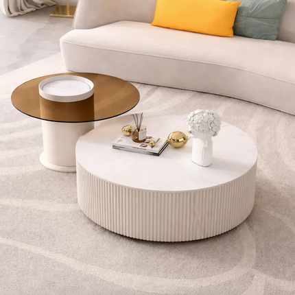 Tiber Oro Italian Luxury Round Coffee Table Tempered Glass Top High Gloss Finish Minimalist Centerpiece for Lounge and Living Suites