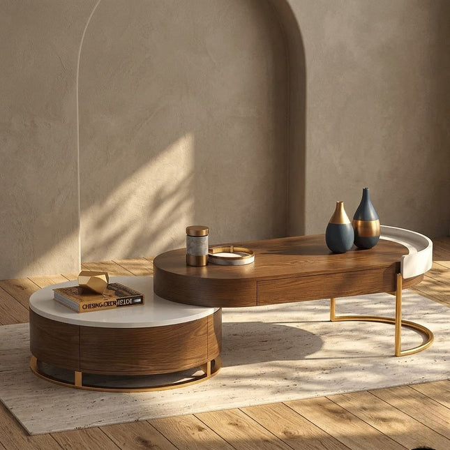 Churchill Wabi-Sabi River Japandi Coffee Table – Organic Wooden Center Table with Storage and Gold Accents for Living Room