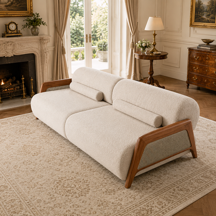 Catania Luxury Japandi Sofa with Cane Accent Armrests Customisable Minimalist Designer Couch for Boutique Interiors