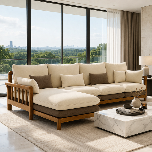 Duncan 4-Seater Japandi Style Wooden Frame L Shaped Sofa with Lounger for Living Room