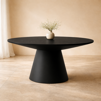 Orren Form Round Dining Table – In Stock, Black Veneer Top & Black Matte Modern Japandi Conical Base