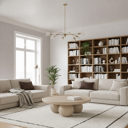 Bandama round solid wood coffee table with ball base mid century modern Japandi design for reading lounge and library seating space